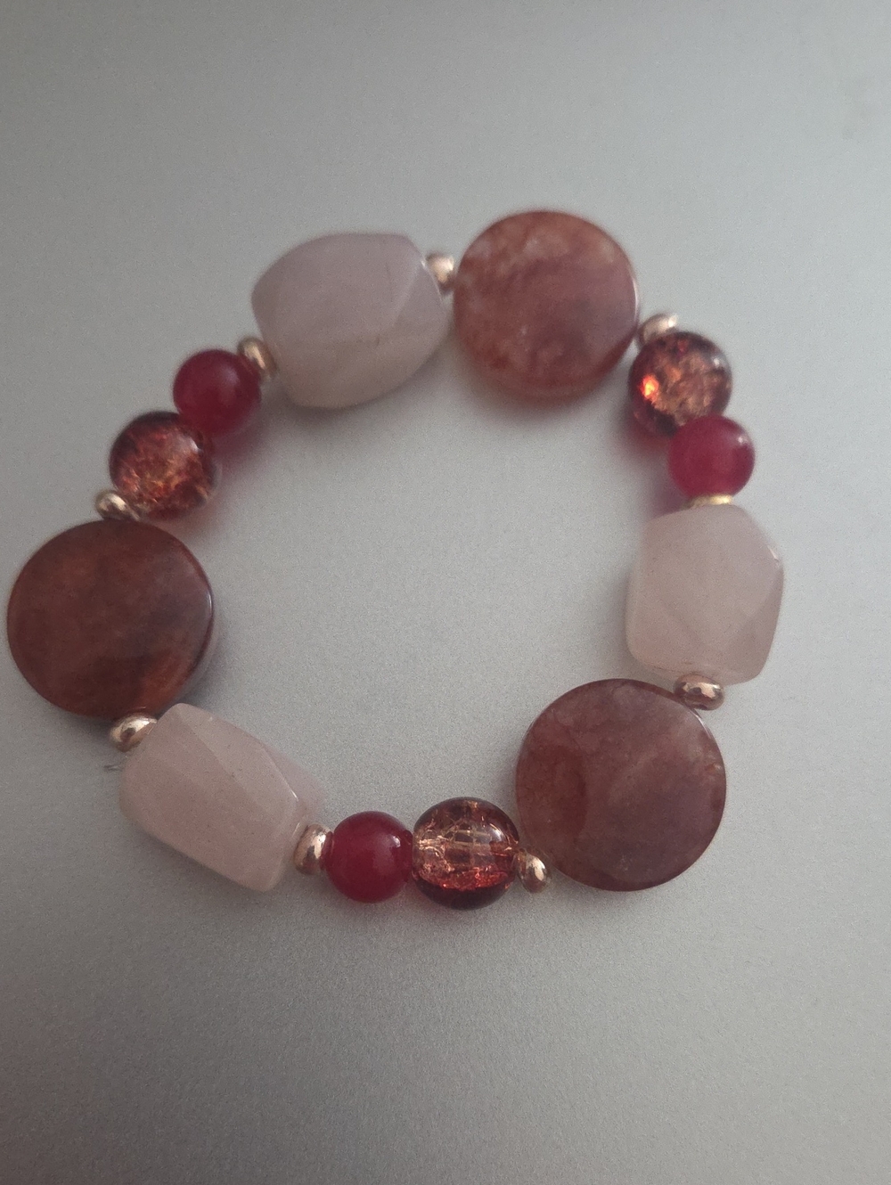 Handmade Pink and Red Stone Beaded Stretch Bracelet